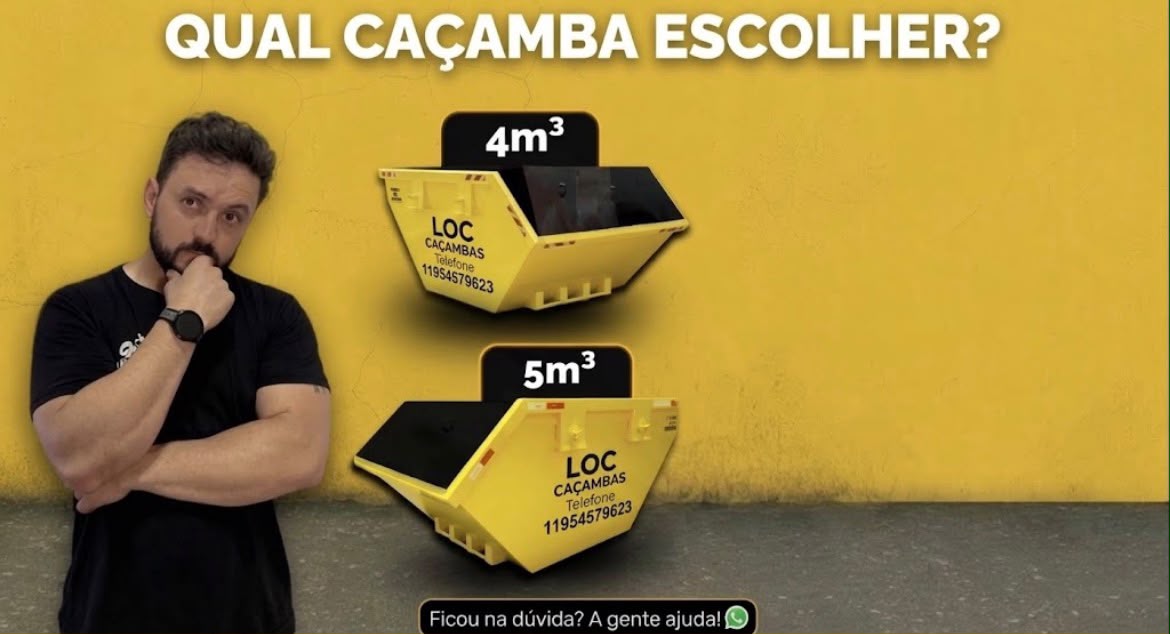Homem pensando ao lado de caçambas da LOC Caçambas com os tamanhos 4 m³ e 5 m³