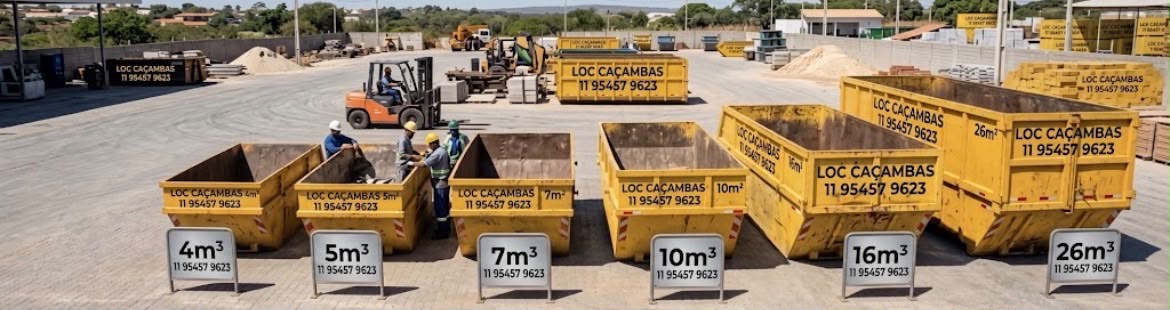 Frota completa LOC Caçambas no pátio com caçambas de 4 m³, 5 m³, 7 m³, 10 m³, 16 m³ e 26 m³