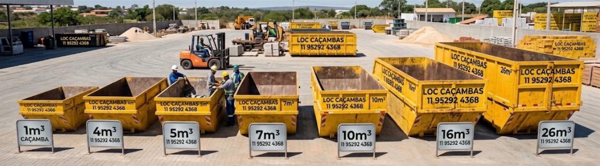 Linha de caçambas LOC Caçambas de 5 m³ a 26 m³ no pátio da empresa